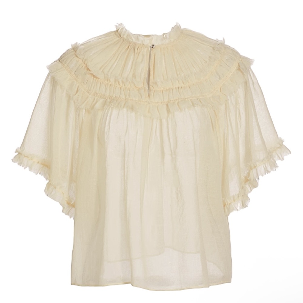 Ulla Johnson Cream Flutter Sleeve Blouse with Ruffled Smocked Details